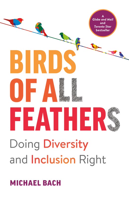 Cover of Birds of All Feathers by Michael Bach: a row of colorful birds perched on a wire above the bold title in orange and red.